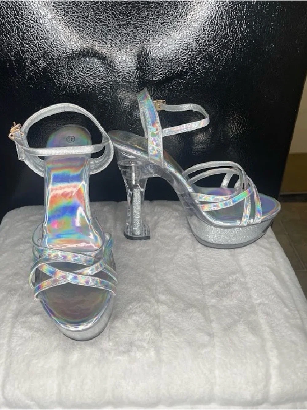 Holographic Silver Platform Strappy Heels - Women's